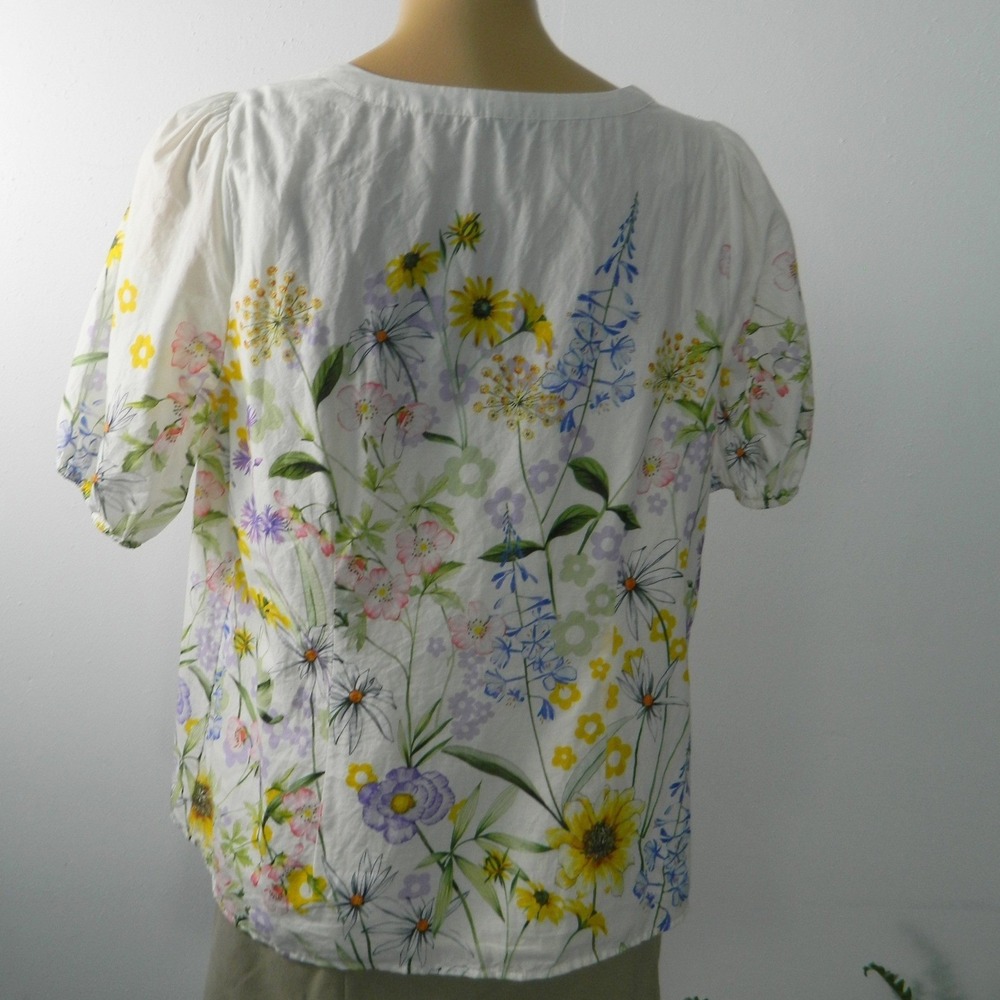 Talbots Floral Blouse Womens Medium White Wildflower Puff Sleeve Cotton Lined - Picture 4 of 7